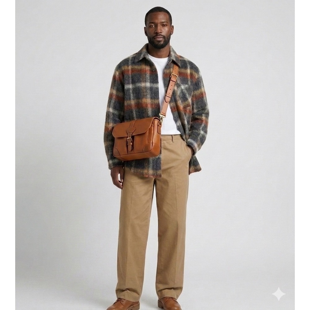 Christos Men XL Fuzzy Plaid Shacket Chore Charcoal Gray Rust Mohair Gorpcore